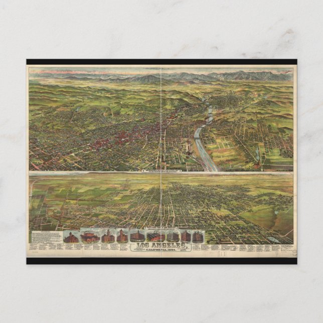 Birds Öga View of Los Angeles California 1894 Vykort (Framsida)