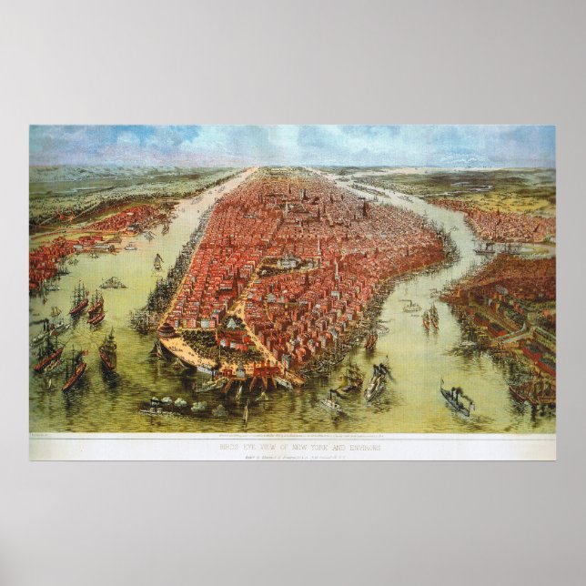 Birds Öga View of Manhattan, Bachmann 1865 Print Poster (Framsidan)