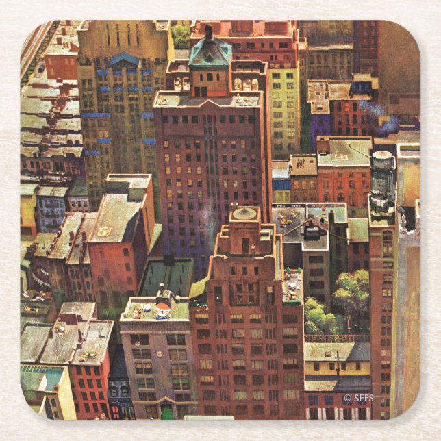 Birds-Öga View of New York City av John Falter Underlägg Papper Kvadrat (Framsidan)