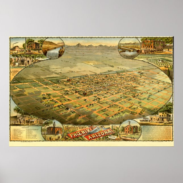 Birds öga vy karta i Phoenix, Arizona 1885 Poster (Framsidan)
