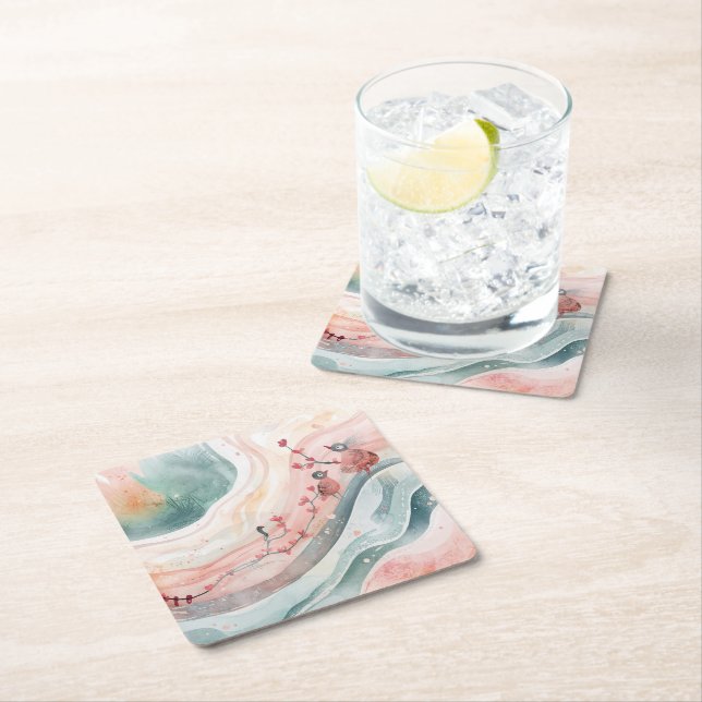 Birds on a Heart Branch  Underlägg Papper Kvadrat (Insitu)