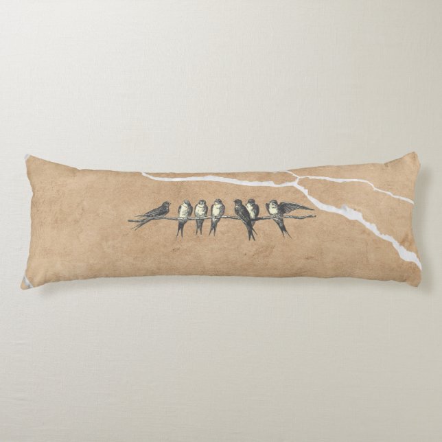 Birds on cracked surface, beige brown and text kroppskudde (Framsidan)