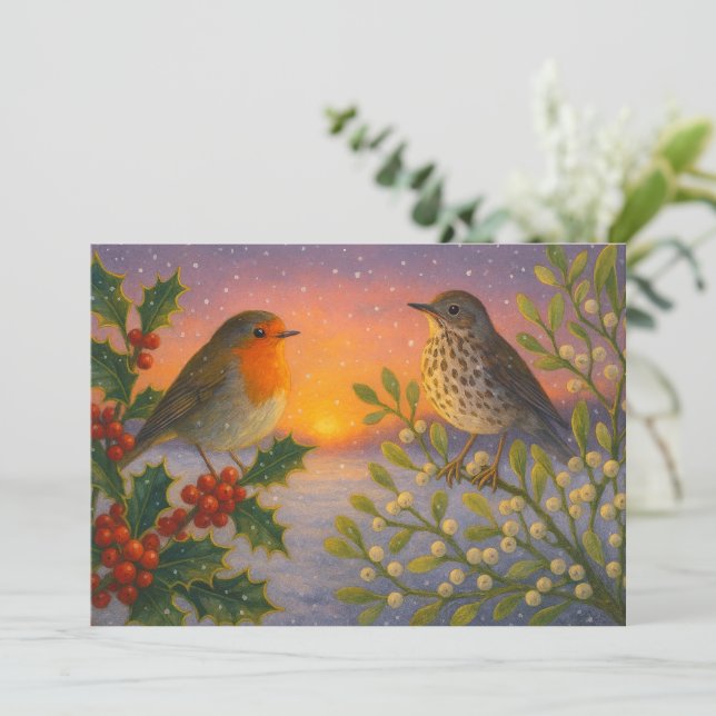 Birds On Holly & Mistletoe At Snowy Winter Sunset Julkort (Stående Fram)
