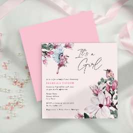 Birds & Rosa Blommigt Baby Shower Inbjudningar