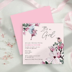 Birds & Rosa Blommigt Baby Shower Inbjudningar