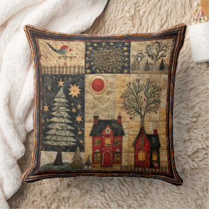 Birds Sol jul Quilt Red Houses Träd Stars Kudde