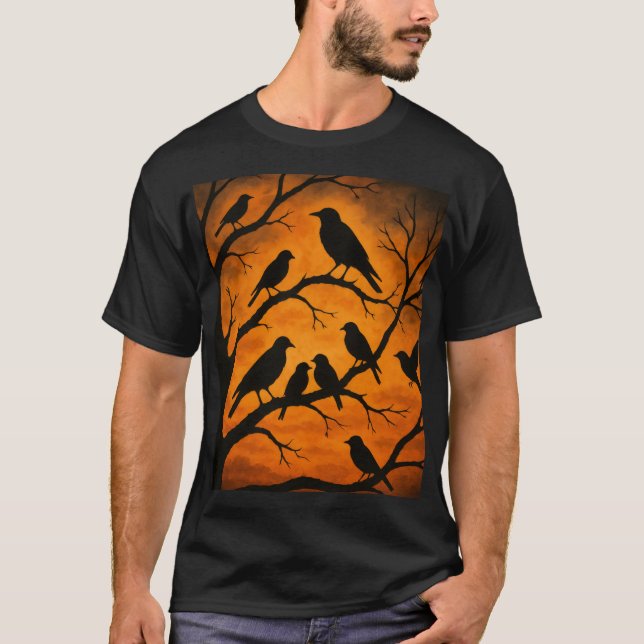 Birds Tree Silhouette T Shirt (Framsida)