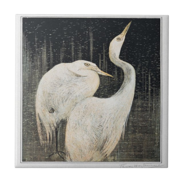 Birds Two Egrets Victorian Art Kakelplatta (Framsidan)