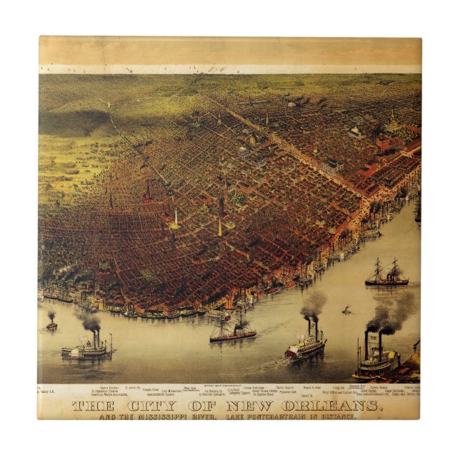Birdseye karta av New Orleans (1885) Kakelplatta (Framsidan)