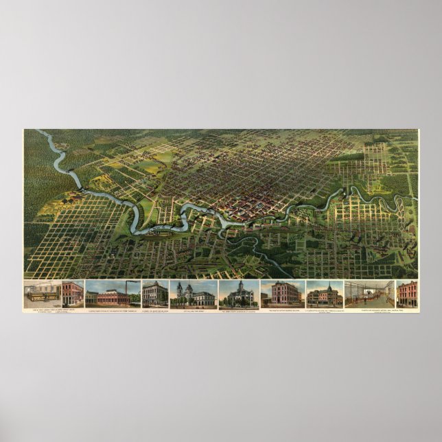 Birdseye karta of Houston, Texas (1891), återtryck Poster (Framsidan)