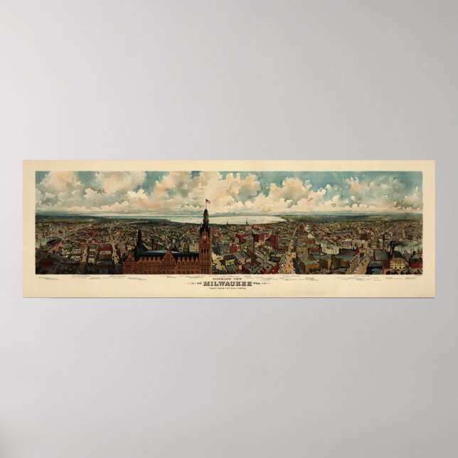 Birdseye Panorama of Milwaukee (1898) Reprint Poster (Framsidan)