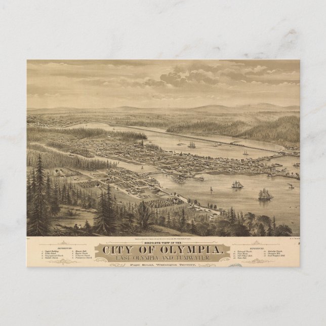 Birdseye view of Olympia, Washington (1879) Vykort (Framsida)