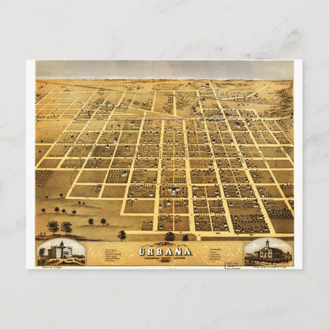 Birdseye view of Urbana, Illinois (1869) Vykort (Framsida)