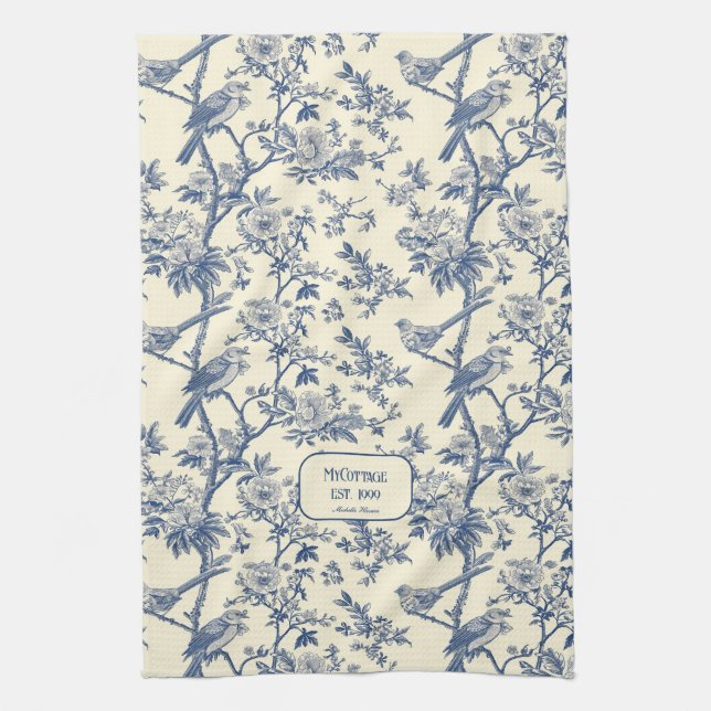 Birdsong Cobalt och Cream Toile de Jouy Kökshandduk (Vertikal)