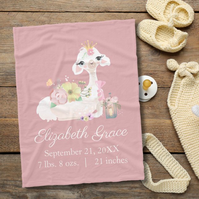 Birkelastat Llama Rosa and White Flowers Cute Baby Fleecefilt (Pink Llama birth stats  baby blanket)