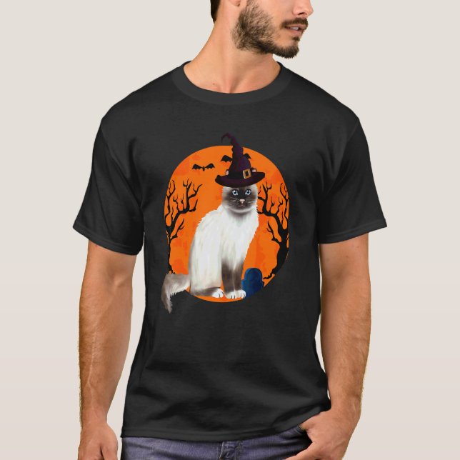 Birmakatt Halloween-häxa hatt och måne T Shirt (Framsida)