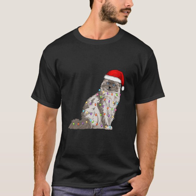 Birman Cat Christmas Santa Hat Xmas Lights Cat Lov T Shirt (Framsida)