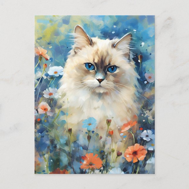 Birman Cat färglös vattenfärgsgrafik Vykort (Framsida)