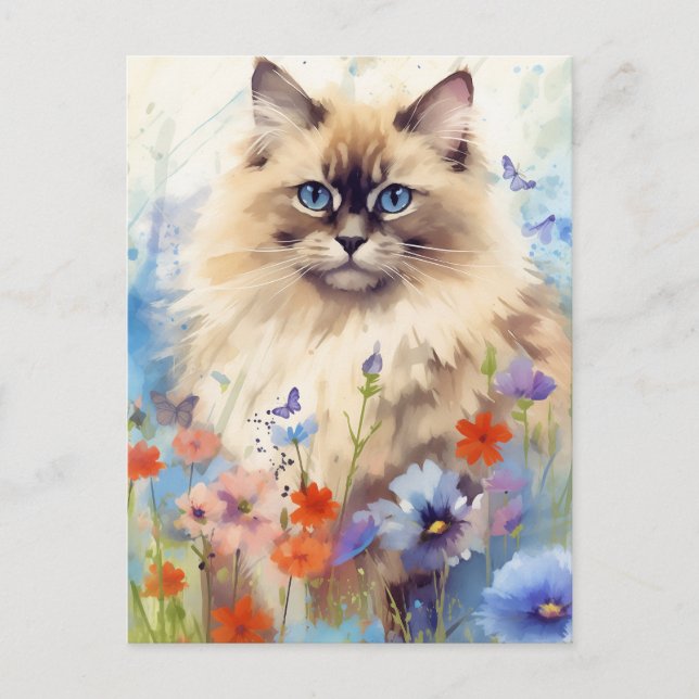 Birman Cat omgiven av blommor Vykort (Framsida)