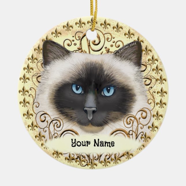 Birman Katt Fleur De Lis  Julgransprydnad Keramik (Framsidan)