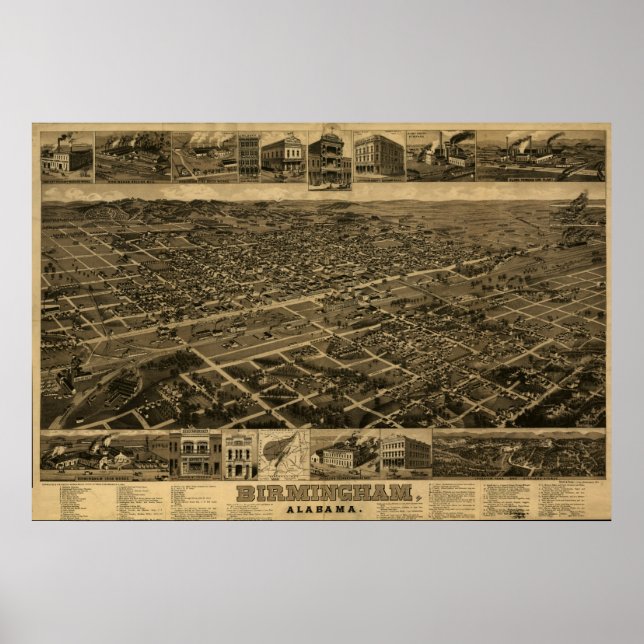 Birmingham Alabama 1885 Antique Panoramic Karta Poster (Framsidan)