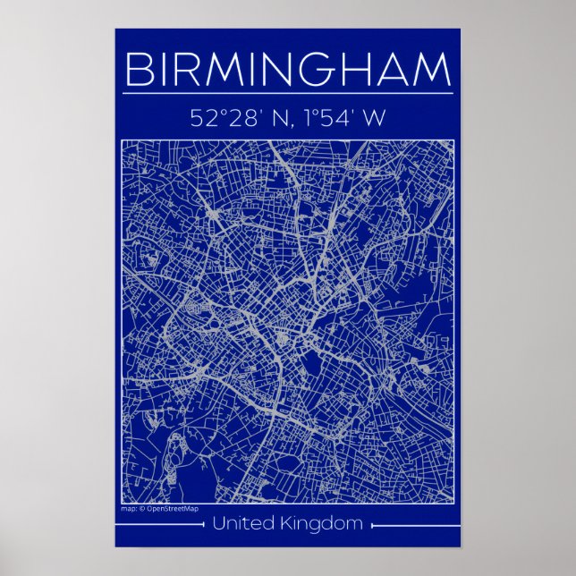 Birmingham Blueprint City Map Poste Minimal Wall Poster (Framsidan)