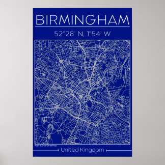 Birmingham Blueprint Stadskarta Vägg Minimal Poster