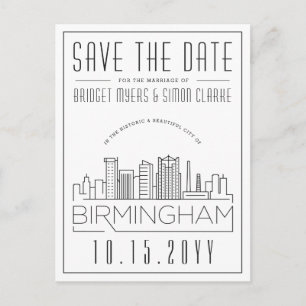 Birmingham Bröllop Stylized Skyline Spara datum Vykort