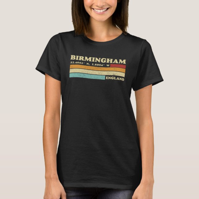 Birmingham England City Retro Longitude Latitude T Shirt (Framsida)