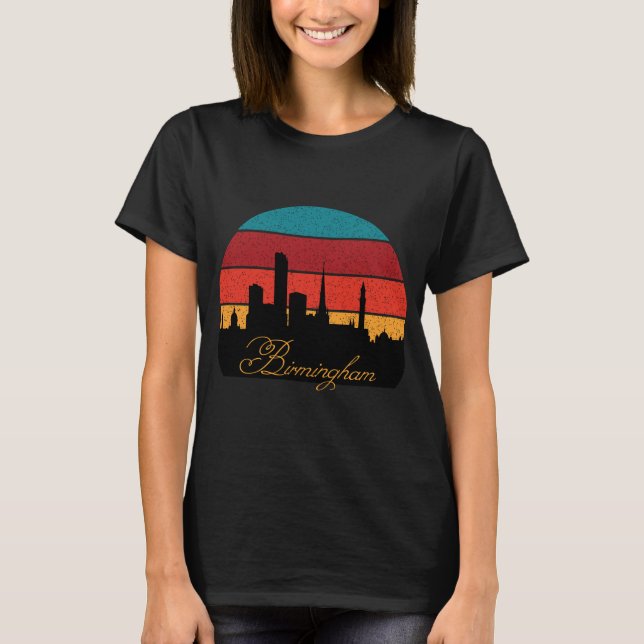 Birmingham Skyline Retro Solnedgång Resa T Shirt (Framsida)