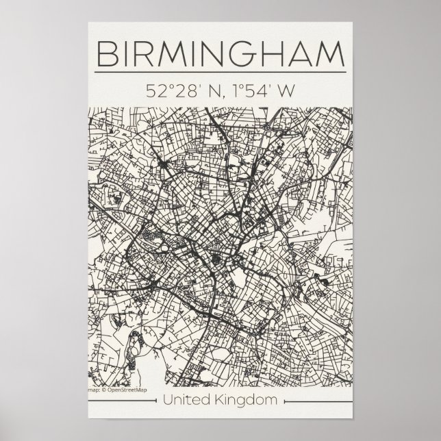 Birmingham stads kartposter – Modern minimal urban Poster (Framsidan)