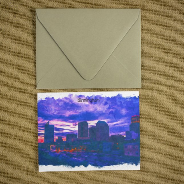 Birmingham Storbritannien akvarellvy Vykort (Birmingham UK watercolor travel postcard)