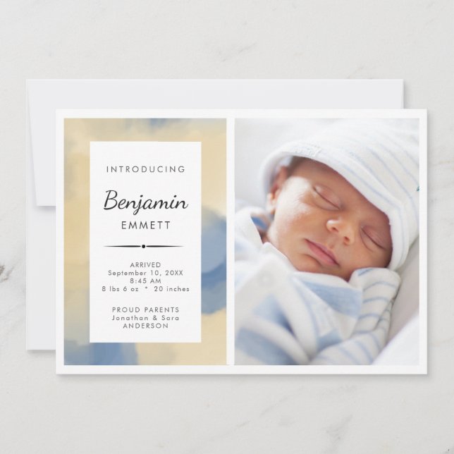 Birth Announcement Boy Blue Watercolor Photo Meddelande (Framsida)