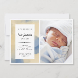 Birth Announcement Boy Blue Watercolor Photo Meddelande