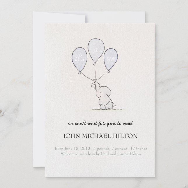 Birth Announcement Boy Elephant Balloons Meddelande (Framsida)