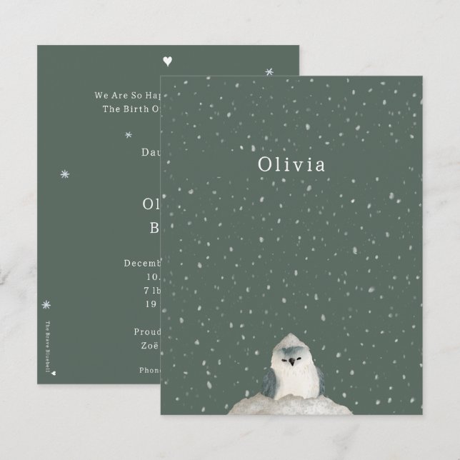 Birth Announcement Card Little Bird In The Snow Anteckningskort (Fram/baksida)