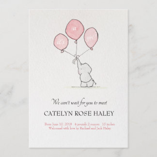 Birth Announcement Girl Elephant Balloons Meddelande