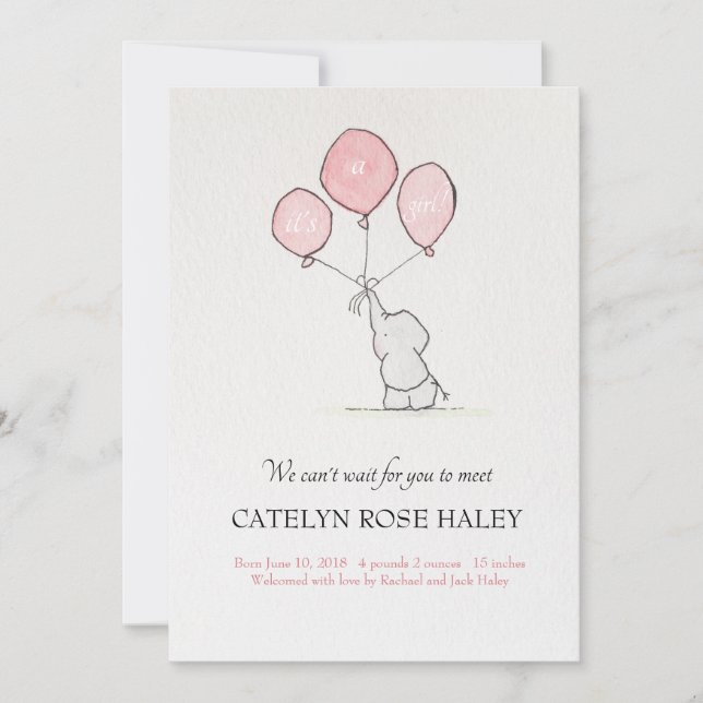 Birth Announcement Girl Elephant Balloons Meddelande (Framsida)