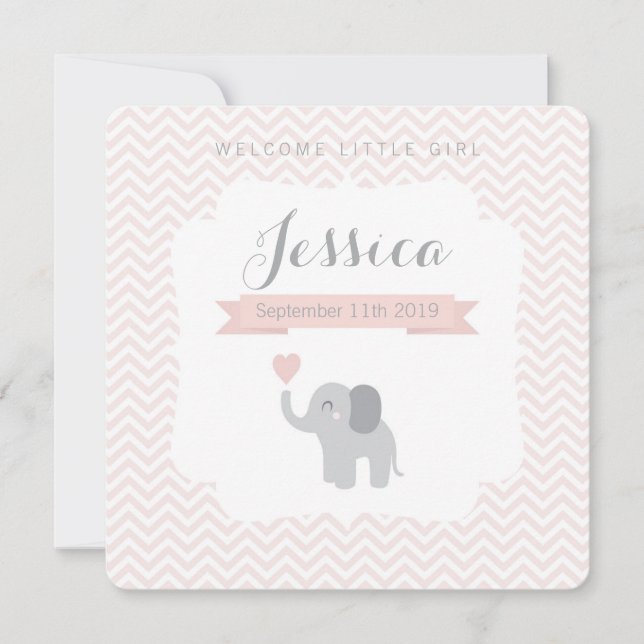 Birth Announcement Girl Elephant Chevron Cute Meddelande (Framsida)