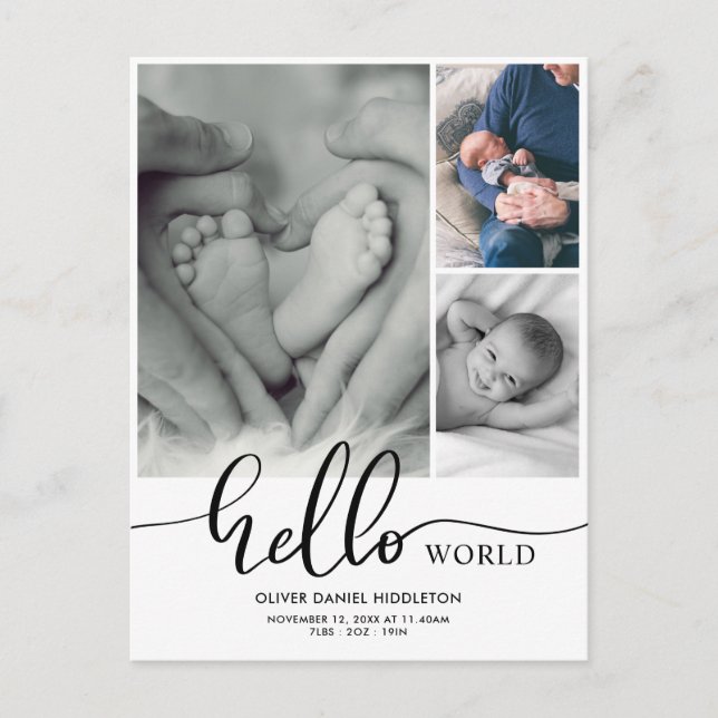 Birth Announcement Hej World Photo Collage Meddelande Vykort (Framsida)