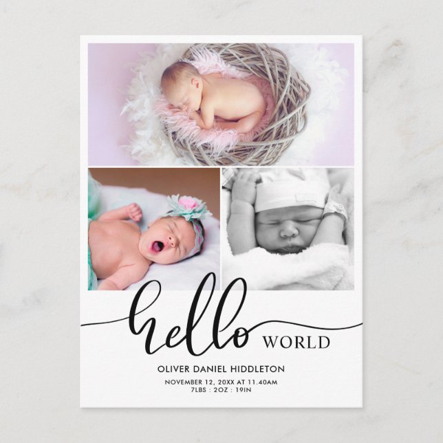 Birth Announcement Hello World Photo Collage Meddelande Vykort (Framsida)