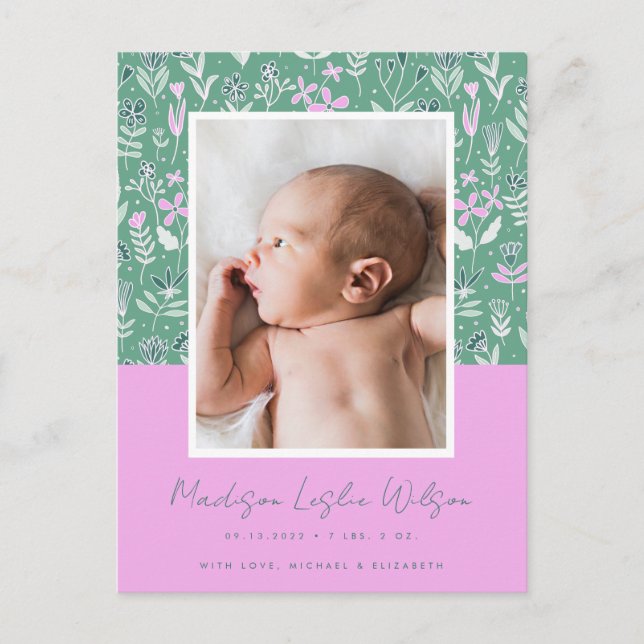 BIRTH ANNOUNCEMENT Pastel Blommigt Vykort (Framsida)
