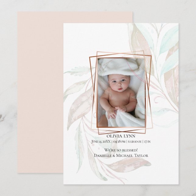 BIRTH ANNOUNCEMENT Pastel Watercolor Wispy Foliage Inbjudningar (Fram/baksida)