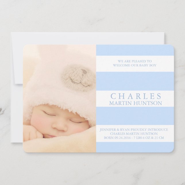 BIRTH ANNOUNCEMENT PHOTOCARD CUTE BLUE RAND MEDDELANDE (Framsida)