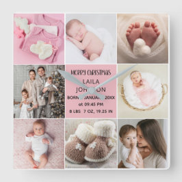  Birth Announcment Personalize 8 Photo christmas Fyrkantig Klocka