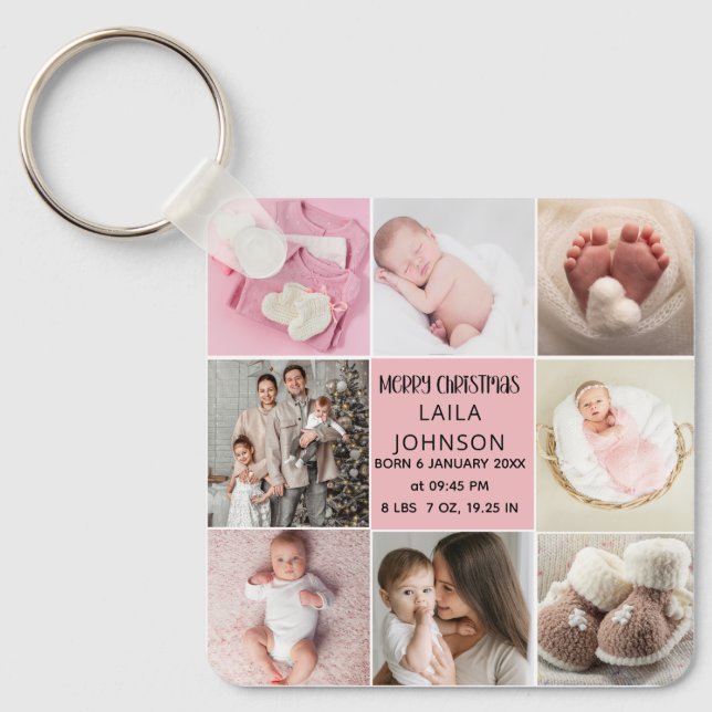  Birth Announcment Personalize 8 Photo christmas Nyckelring (Framsida)