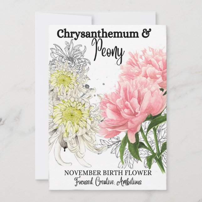 Birth Flower, November, Chrysanthemum, Peony Julkort (Framsida)