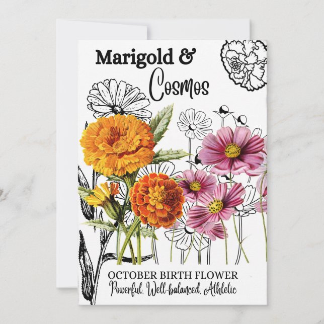 Birth Flower, oktober, Marigold, Cosmos, Birthday Julkort (Framsida)
