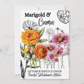Birth Flower, oktober, Marigold, Cosmos, Birthday Julkort