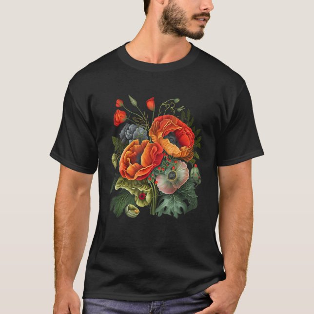 Birth Month Poppies Poppy Bouquet Flowers Lovers T Shirt (Framsida)